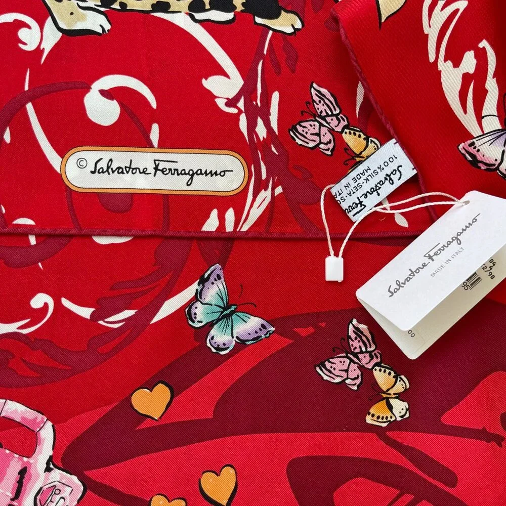 New Salvatore Ferragamo Icone Red Multicolor Silk Scarf